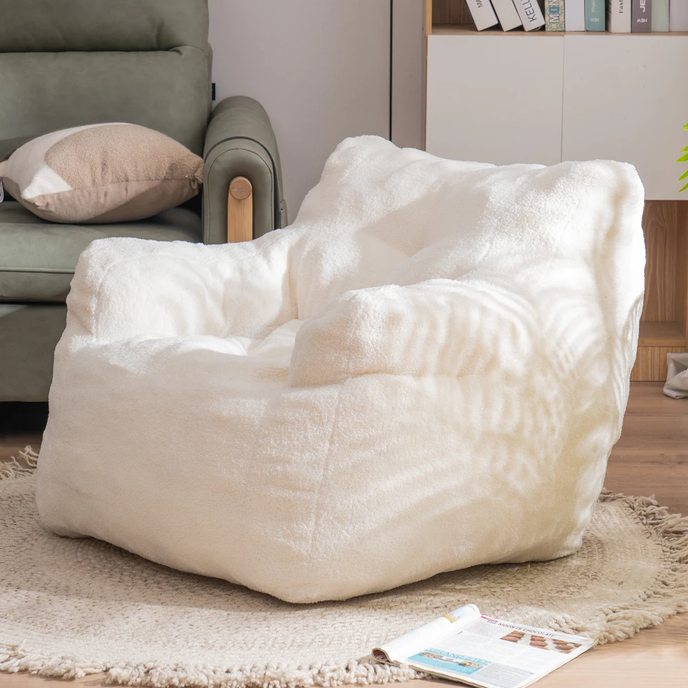 Soft Teddy Fabric Tufted Foam Bean Bag Chair With Teddy Fabric Ivory White Living Room Chairs