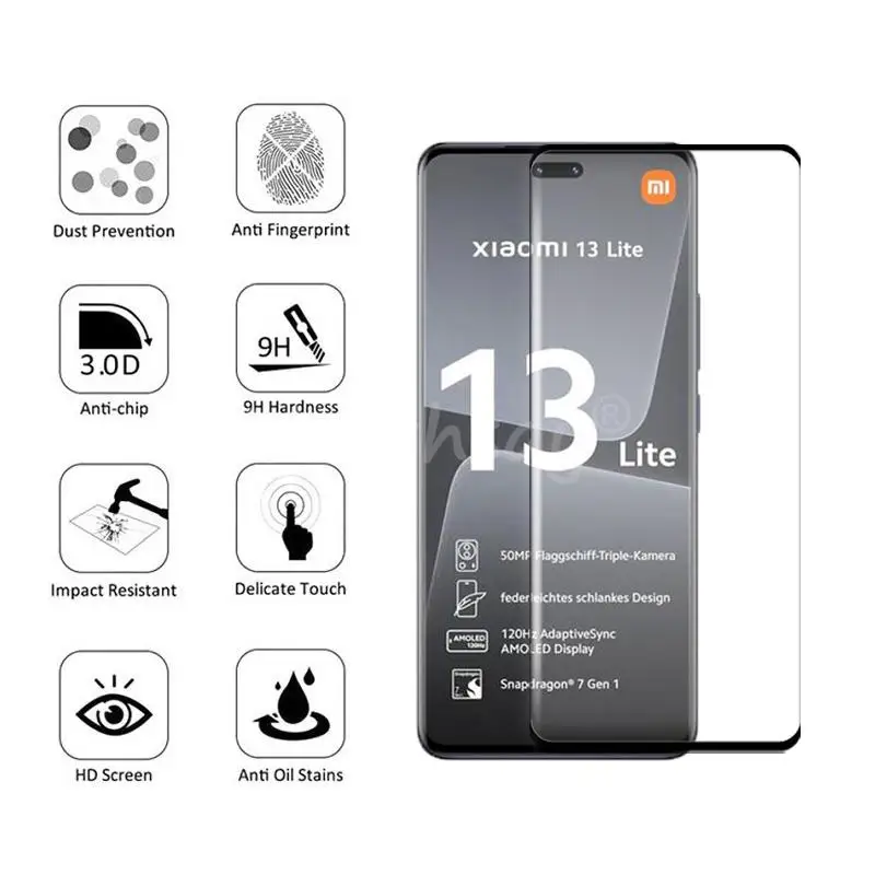 Cristal de pantalla curvado 3D para Xiaomi 13 Lite, película protectora de lente, Ultra templado, Mi 13 Lite, 12, 12S Pro, 13