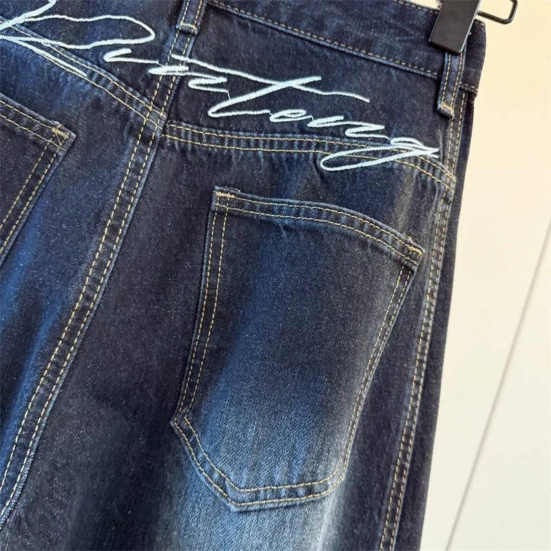 Pantalones vaqueros de pierna ancha con cimitarra bordada azul y gris, pantalones de suelo sueltos rectos de cintura alta para mujer, pantalones vaqueros extendidos