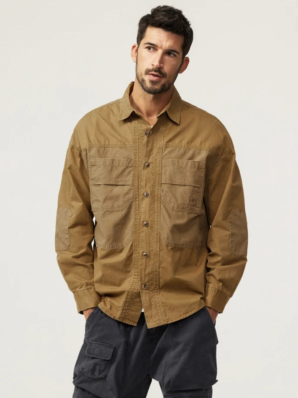 American Retro Patchwork Workwear Long Sleeve Shirt Men's Loose Handsome Turn-down Collar Casual Shirt Jacket Trendy