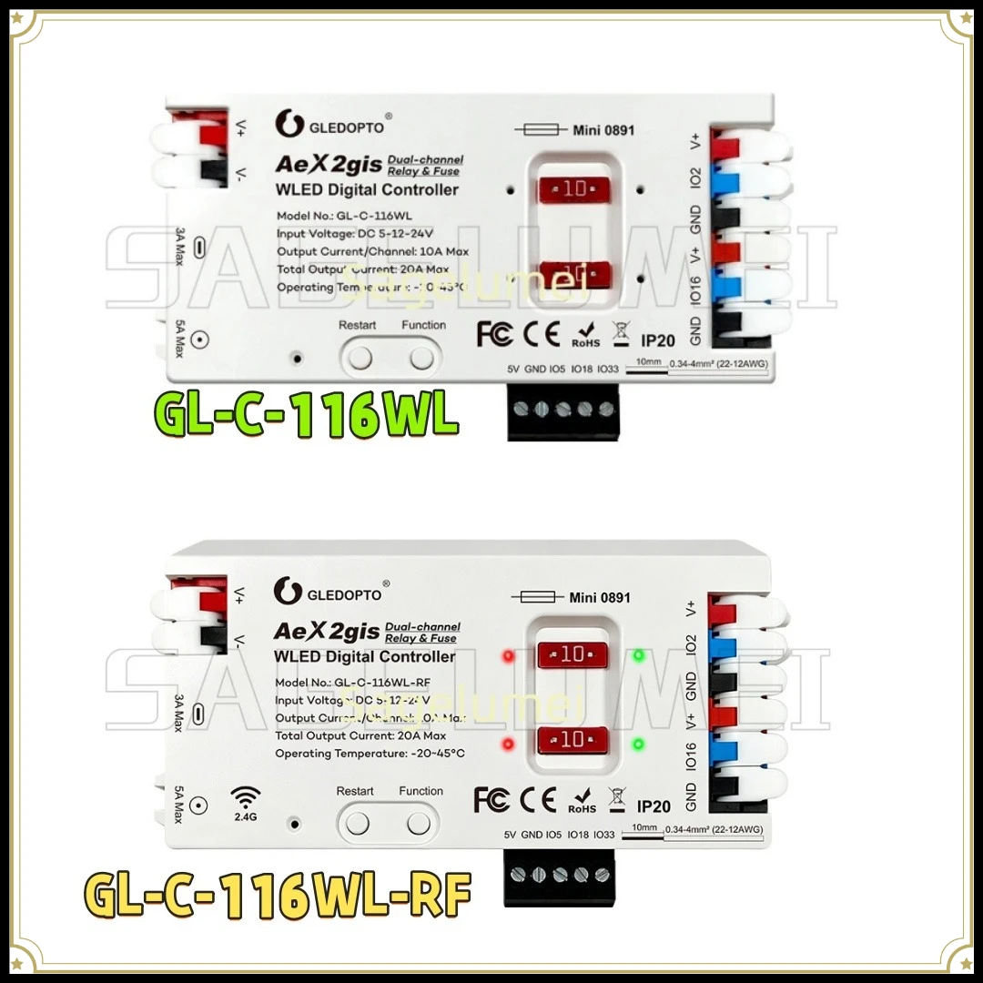 GLEDOPTO AeX2gis Dual-Channel WLED Digital LED Controller,WIFI & 2.4G RF Remote Control,Dual 10A Fuse & Relay Protection,20A Max