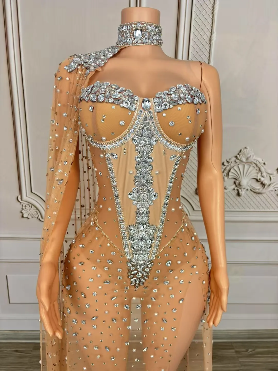 Women Sexy Rhinestone Mesh Cloak Long Tail Spandex Bodysuit Dance Stage Costumes gig Performance Outfit Party Bodysuit Youmeng