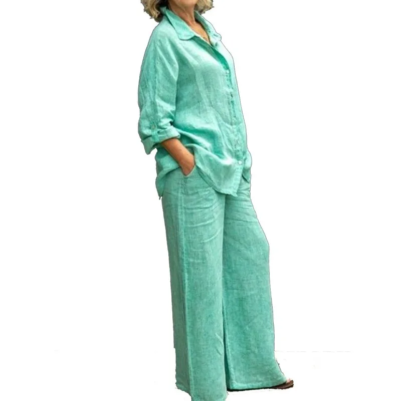 Women OutfitsB Casual Cotton Linen Two Pieces Set Women Autumn Long Sleeve Shirt Trousers Set Fashion Solid Straight Pants Suits