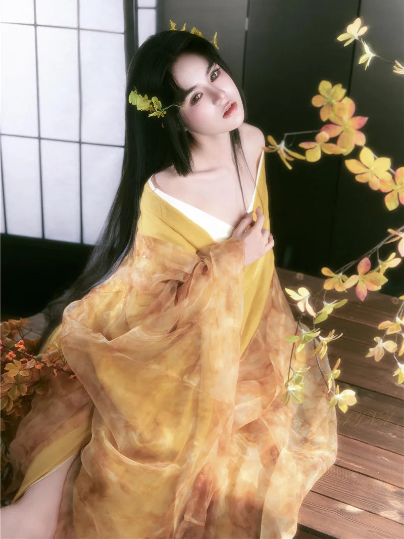 

Ele Hanfu Portrait Photoaphy Costume in Soft Yellow Straight Skirt Design Traditional Chinese Sle for Studio Photooot