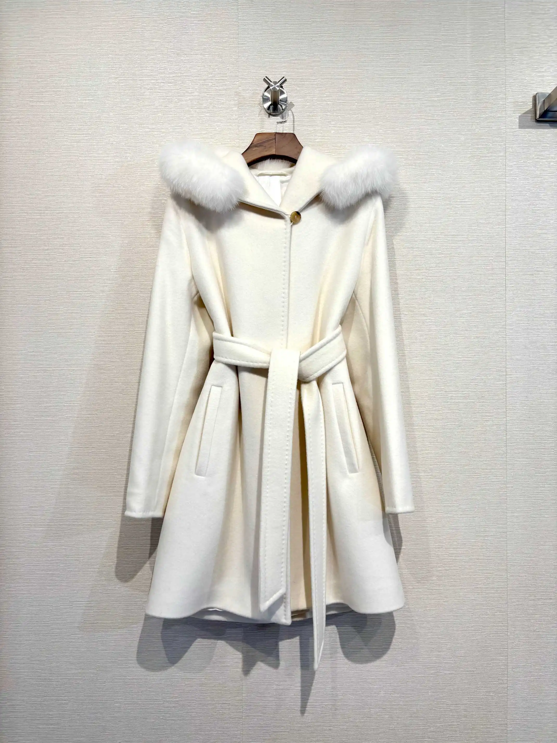 Women's New Cream-White Hooded Coat with Detachable Faux Fur Collar – Elegant StyleNO.39