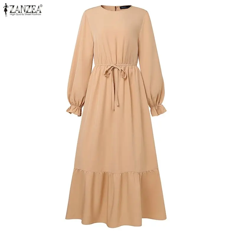 

ZANZEA 2026, осенние платья с рюшами по подолу, мусульманский халат Абая, женский весенний вечерний сарафан с длинными рукавами, кафтан, Рамадан, Vestidos