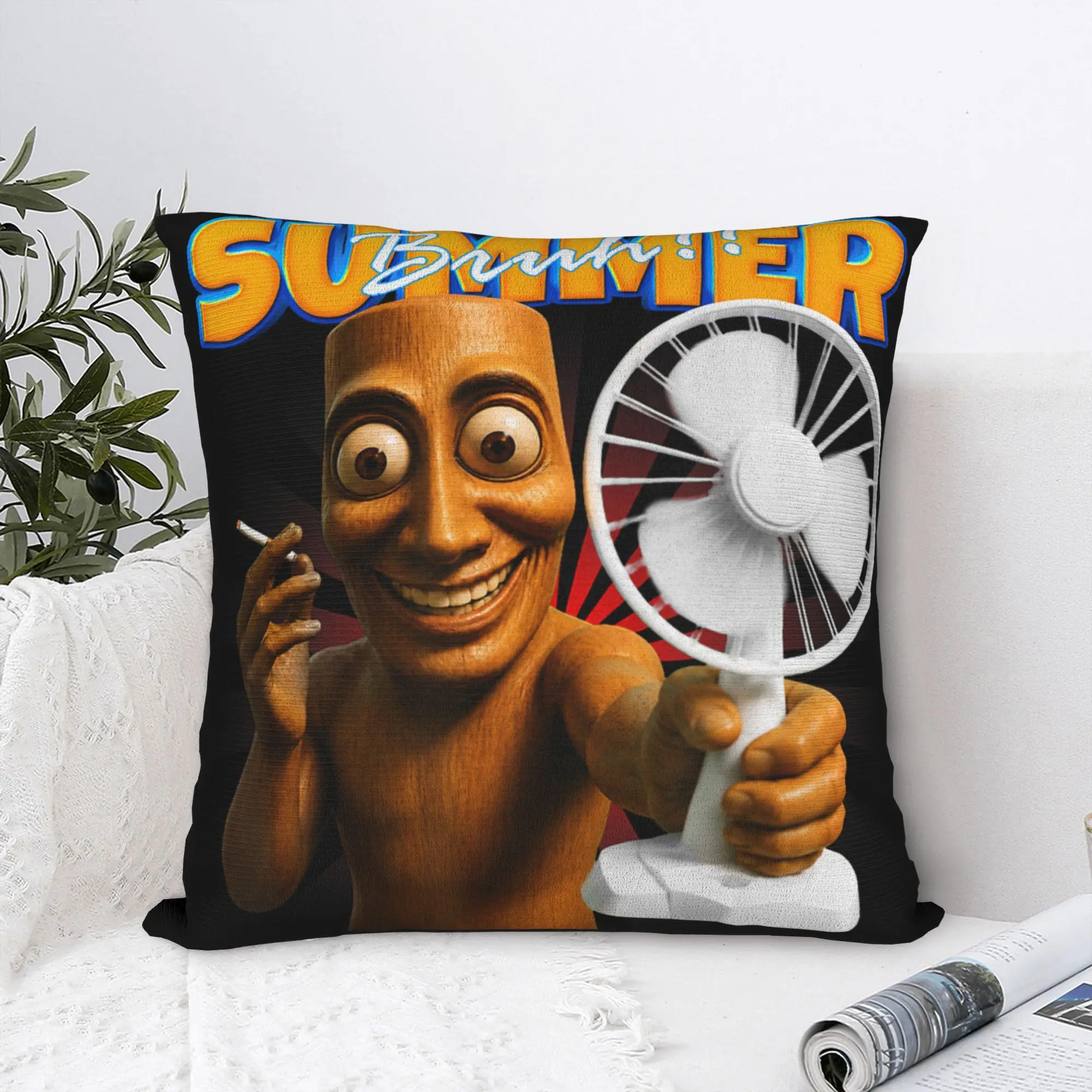 Funny Tung Tung Sahur Holding Cooling Fan Summer Meme Pillow Case  Soft Pillow Cover Trendy Pillowcases For Couch Sofa Bedroom
