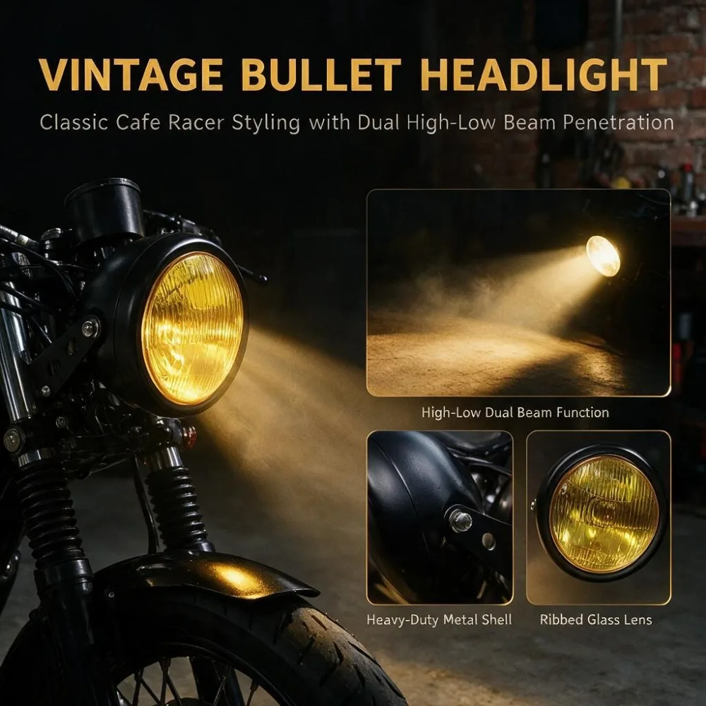 New Sell Good for Motorcycle Racer Custom 12V 6-inch Motorcycle Headlight Retro Black Metal Halogen Front Light Fits