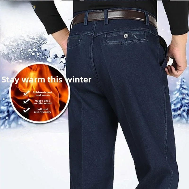 

Thiened Fce Lined Casual Dad Jeans High Waist Elastic Thi Winter Warm Outer Pants for Middle-Aged And ly Men