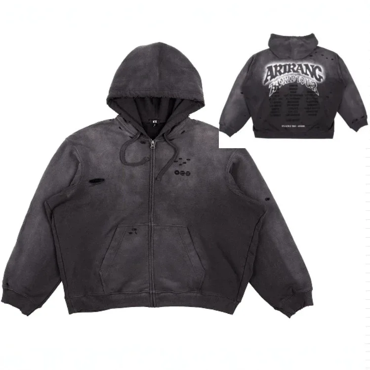 Image of Herren Arirang 2026 What Is Your Love Song New Retro Washed Grey Hoodie Lässige Reißverschlussjacke Sport Streetwear Geburtstagsgeschenk