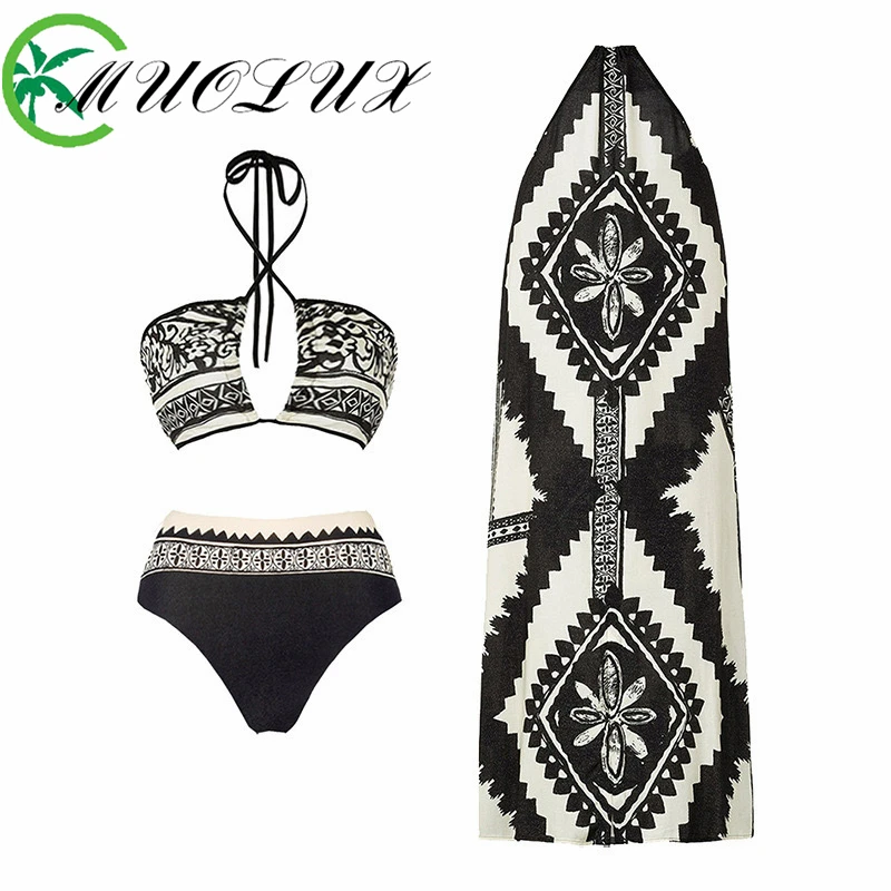 

2024 Summer New Printed French One-piece Women's Swimsuit Set Sexy Bikini Covering Belly Slimming Chiffon Skirt Three Piece Set