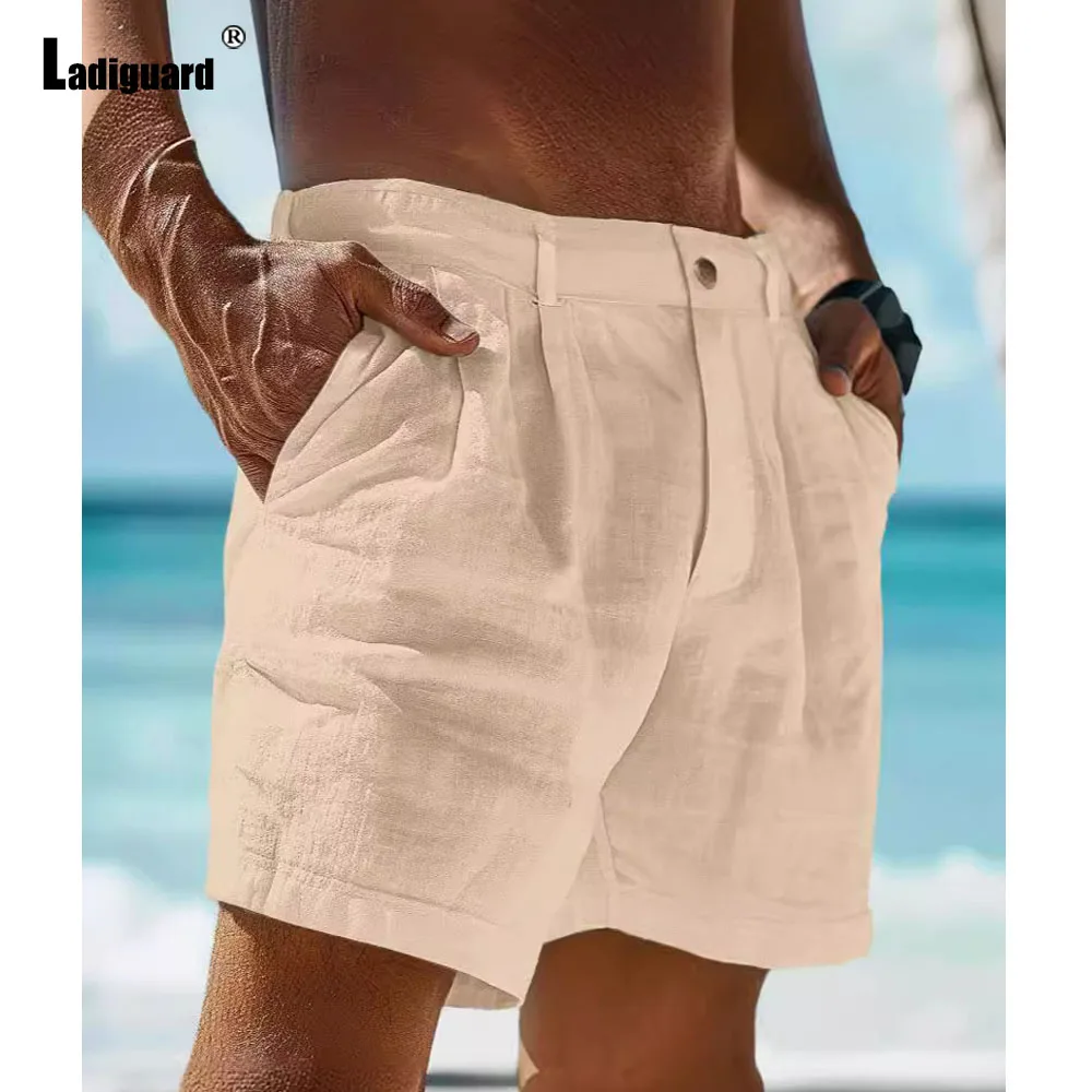 Men\'s Stand Pocket Shorts 2024 American and European Style Men Casual Linen Short Pants Solid White Black Soft Beach Shorts New