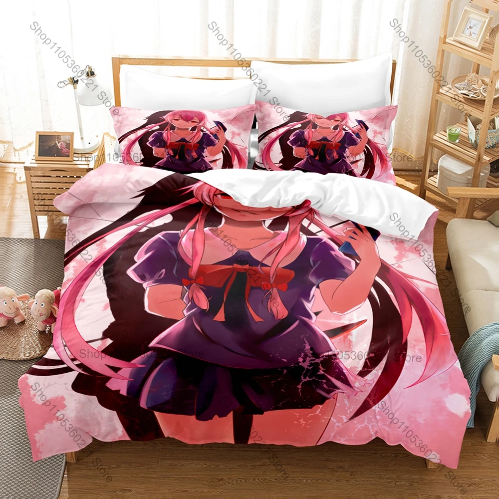 Cool Mirai Nikki Yuno Gasai Bedding Set 3 Piece Breathable Duvet Cover Set for Kpop Fans Gift Bedroom Decoration