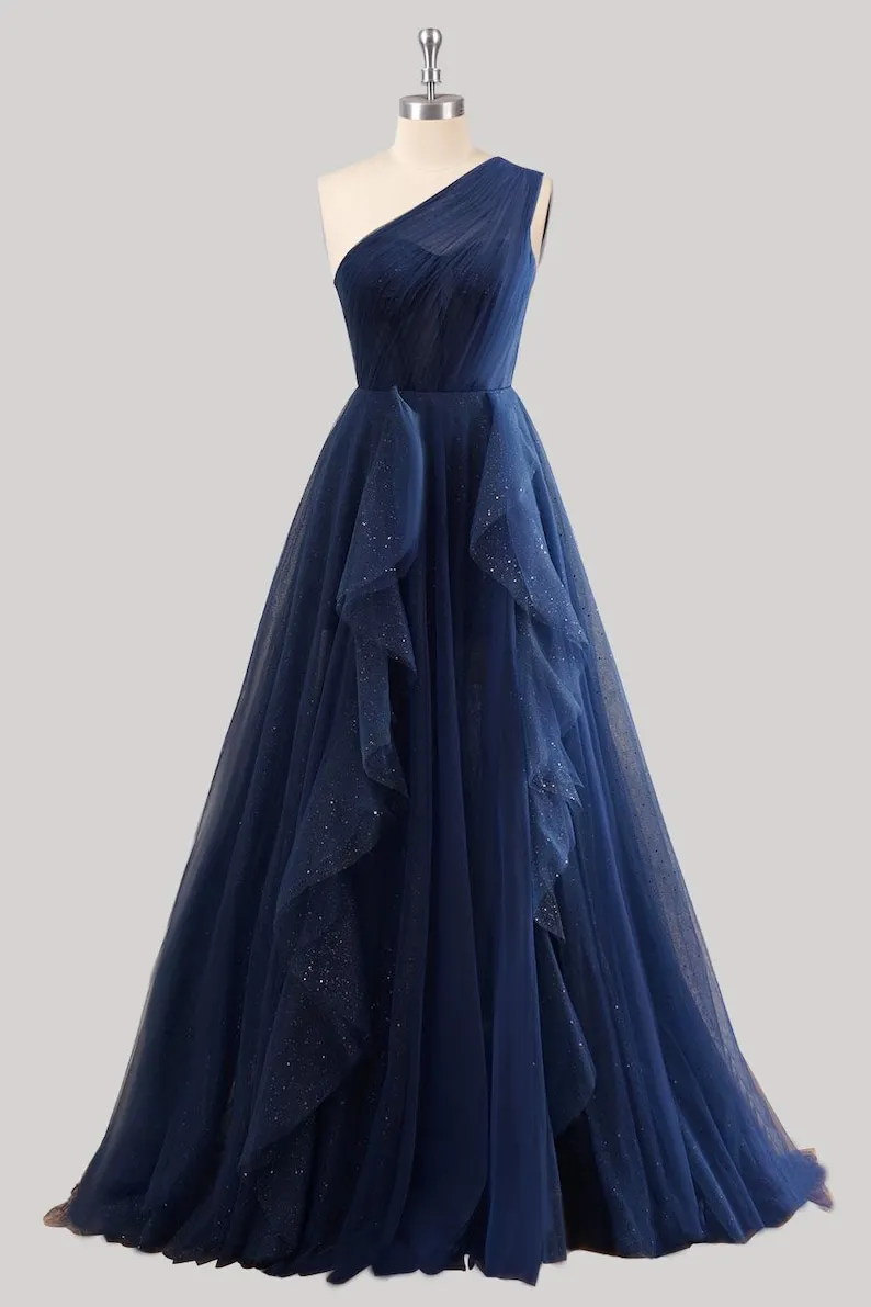 Maßgeschneidertes glitzerndes, marineblaues langes Ballkleid aus Tüll mit einer Schulter, elegantes Party-Abendkleid für Damen