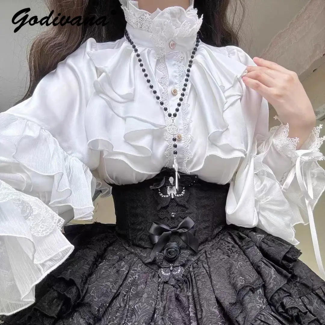 Nowa Jesienna Gotycka Ciemna Czarna Peleryna Kurtka Halloween Cosplay Punk Styl Damskie Retro Poncho Falbany Koszula Bluzki z Długim Rękawem