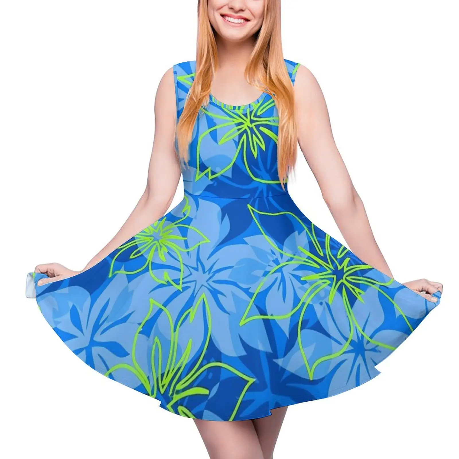 Blue Fower Print Dress Hibiscus Hawaiian Street Style Dresses Women Sexy Skate Dress Summer Design Vestido 3XL 4XL 5XL