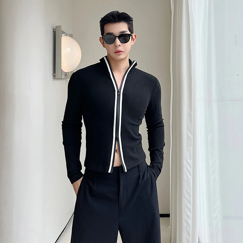 IEFBkorean Style Long Sleeve T-shirt Fashion Men\'s Clothing Versatile Double Zipper High Collar Cardigan Elgance Male New 9C2954