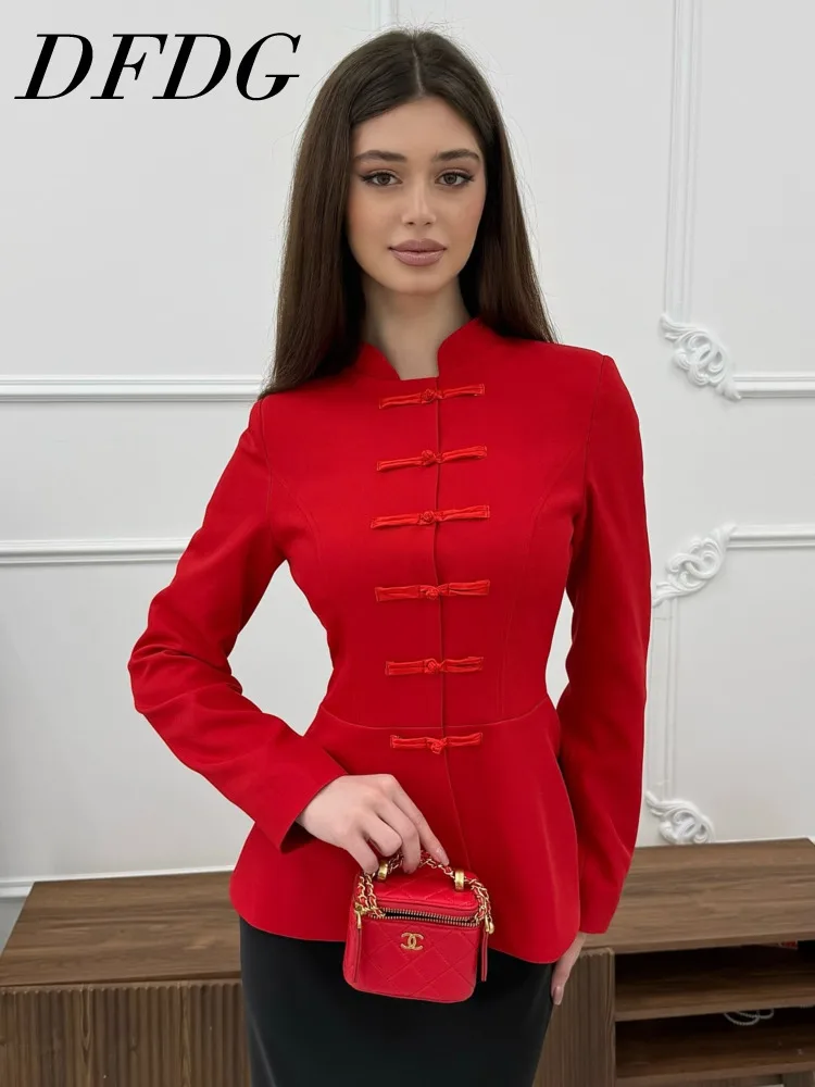 

Женский блейзер DFDG с воротником-стойкой и пуговицами-лягушками, приталенный, с баской, элегантный, деловой, модный, тренд 2026 года, для женщин