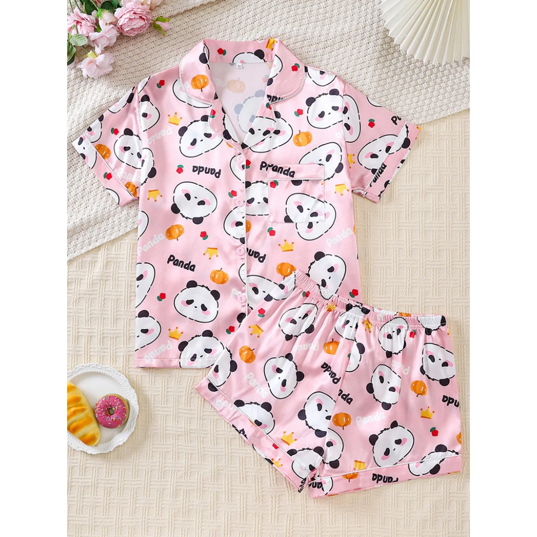 

Милый пижамный комплект с принтом панды для женщин: розовая домашняя одежда с животным принтом, рубашка с отложным воротником и коротким рукавом, шорты. Подарки на Пасху и лето.