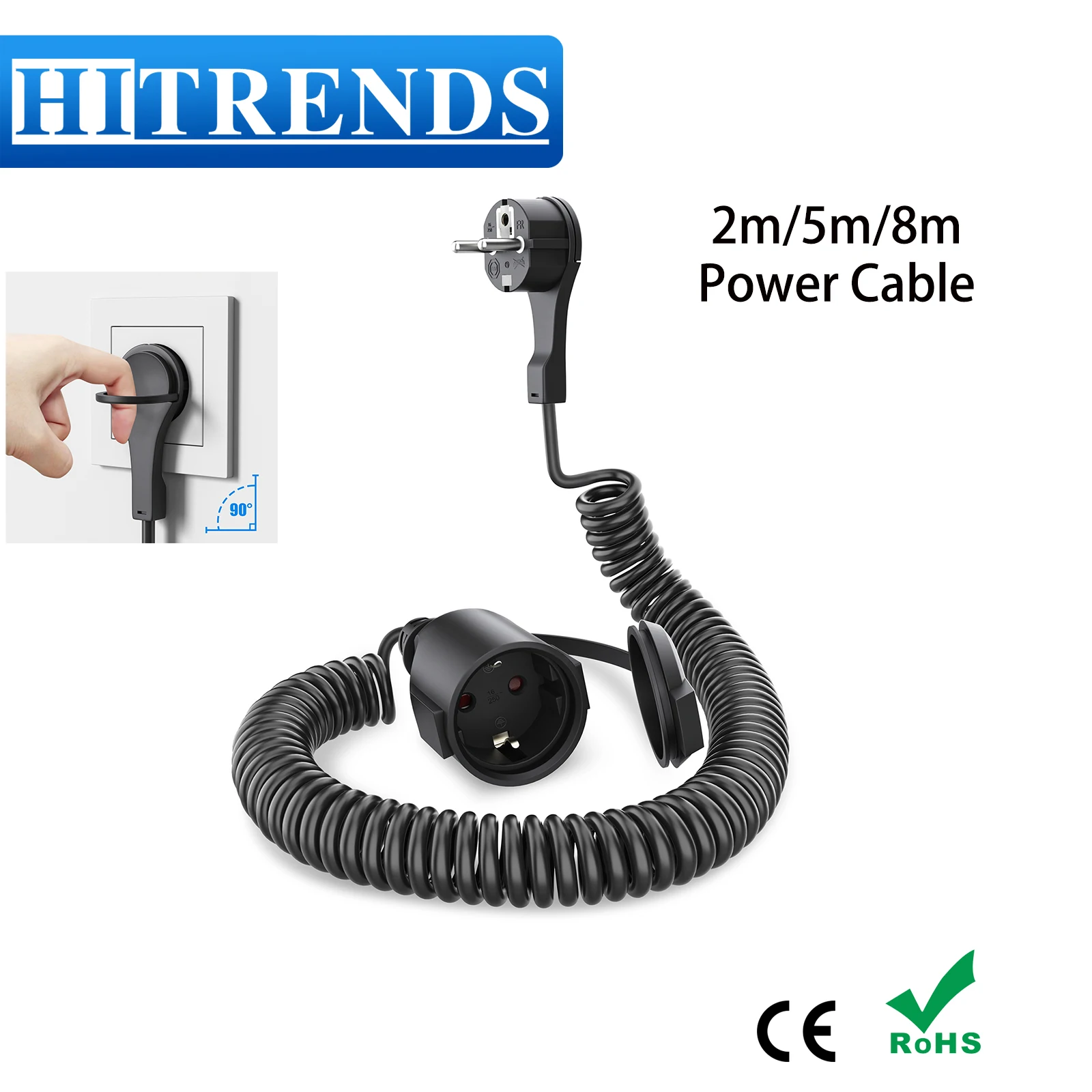 2/3/5/8m EU Power Extension Cord Spiral Cable, Male to Female Schuko Extension Power Cord European Plug IP20 13A Black