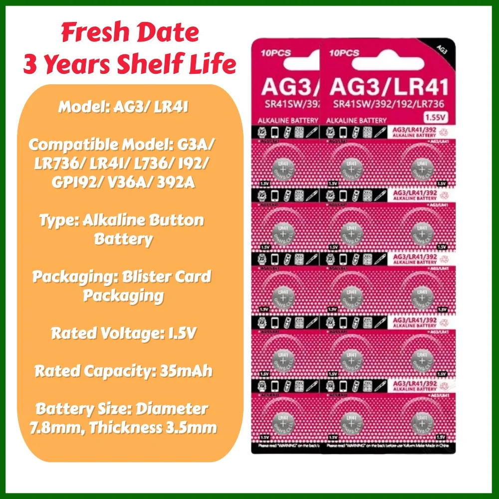 10-200PCS AG3 LR41 Button Cell Batteries SR41 392 192 Round Cell Coin Alkaline Battery L736 384 SR41SW CX41 For Watch Toys Clock