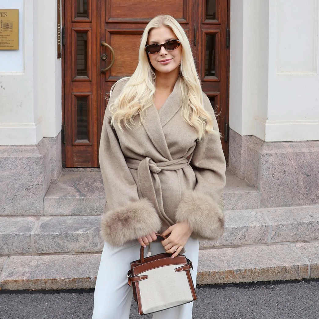 TARUXY Vlněné kabáty z lišky, dámské, krátké, kancelářské, dámské, odnímatelné, elegantní, oboustranné, vlněné, kardiganové, 2025 - náhled 3