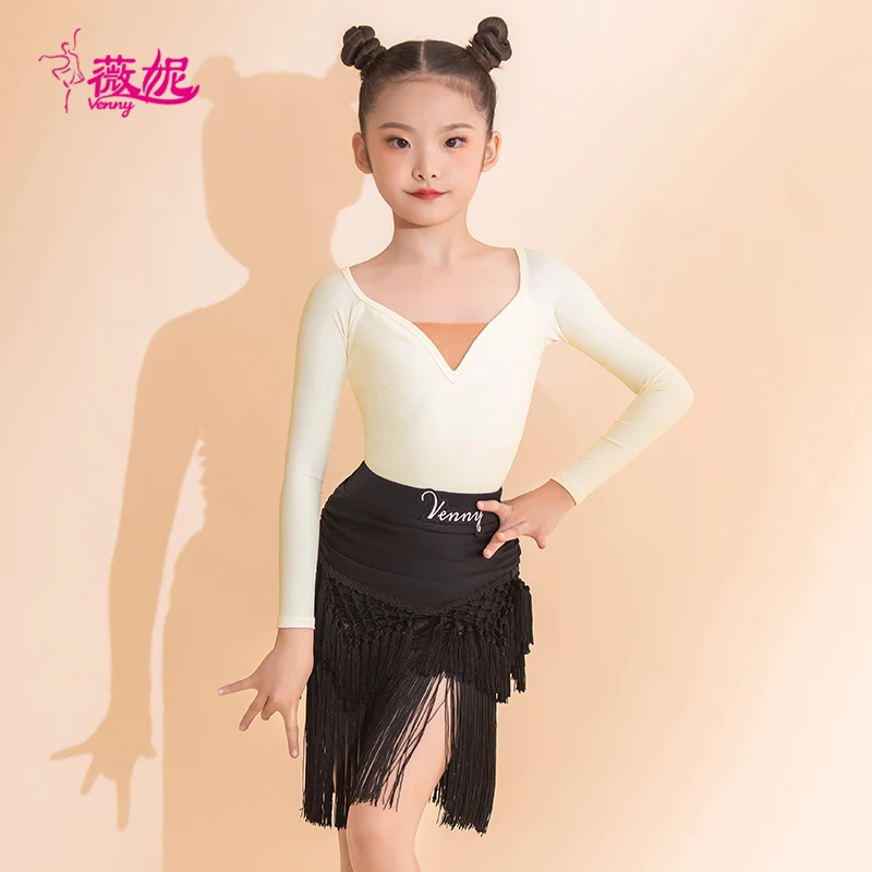 

Vennystyle Latin Dance Dress Girls Long Sleeve Fringe Ballroom Practice Wear, Professional Training Costume Two Piece Set