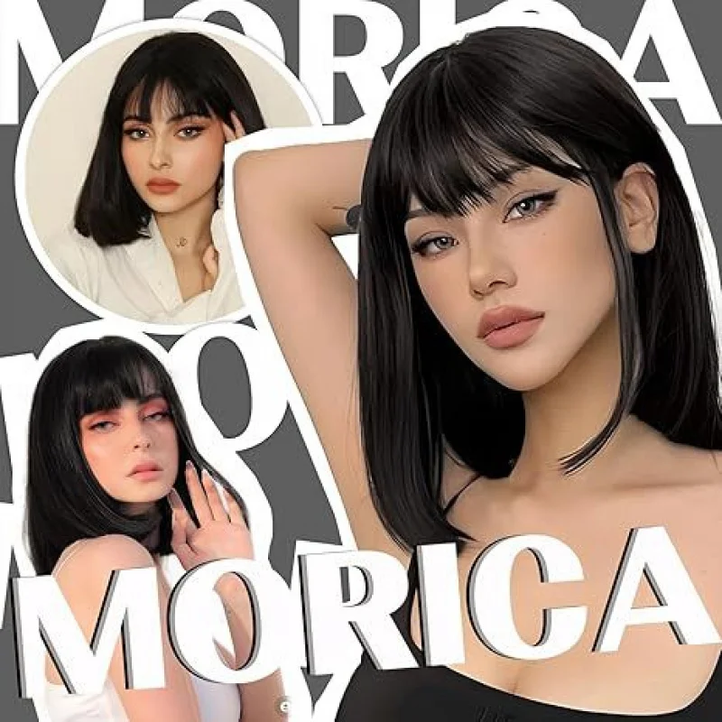 شعر مستعار قصير مستقيم أسود طبيعي جديد مع الانفجارات، شعر مستعار اصطناعي كامل للنساء