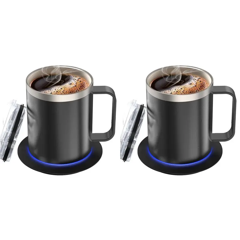 WORTHOWN-2X Self-Heating Coffee Cup Double Layer 304 Stainless Steel Beverage Cup Heater With Cup Set For Desk Home Office