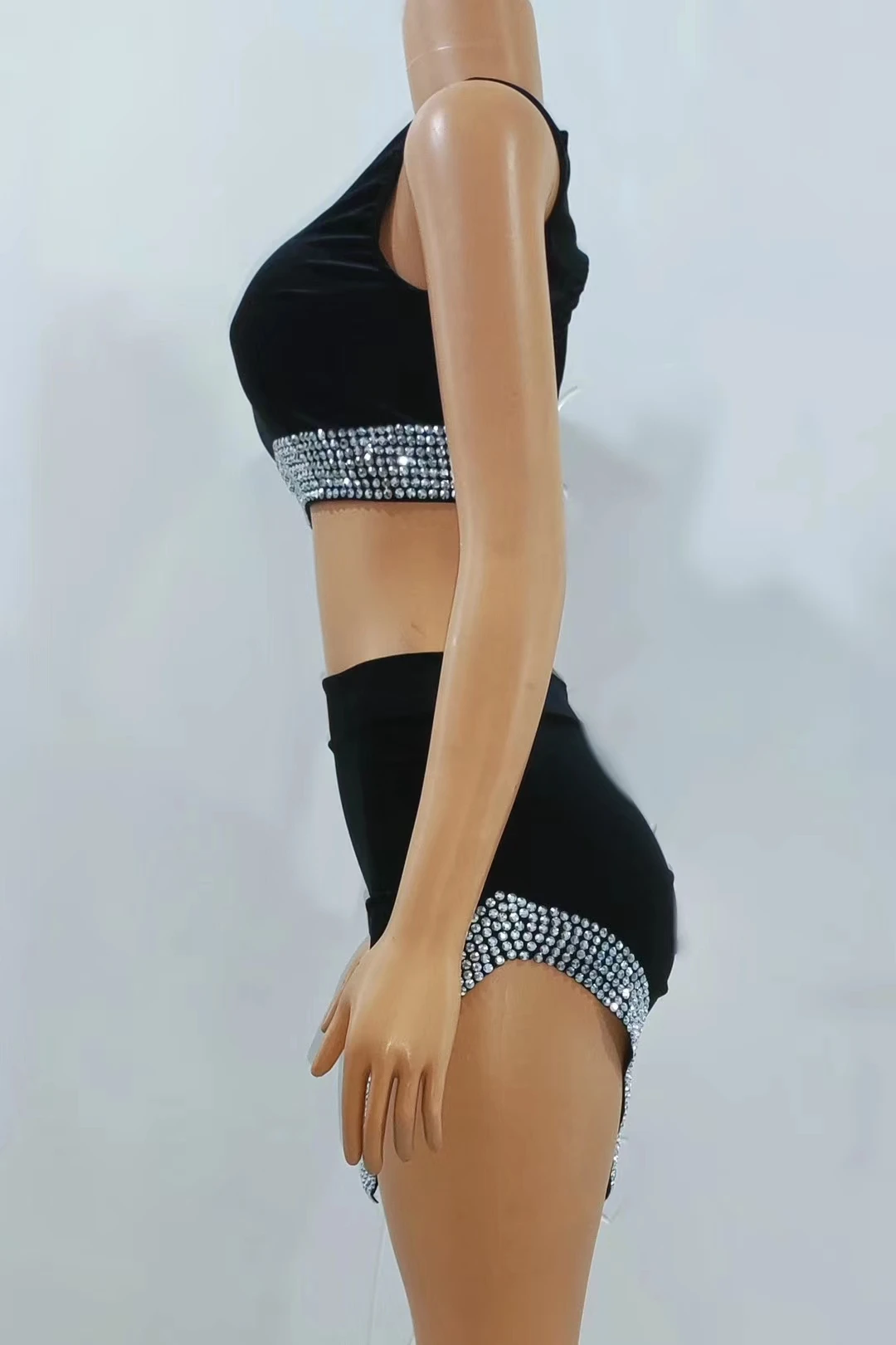 Nueva canción femenina danza terciopelo Split Rhinestone envoltura elástica cadera espalda abierta Falda corta vestido de actuación en escenario disfraz de Drag Queen