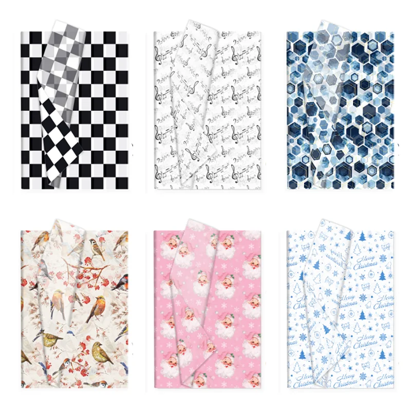 50pcs 6 Designs Printed Tissue Paper Checkered Music Note Bird Christmas Gift Wrapping Paper