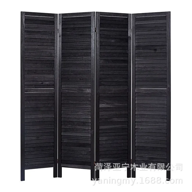 Black Solid Wood Folding Louver Screen Room Divider for Living Room Hotel Partition Wall Background Decor