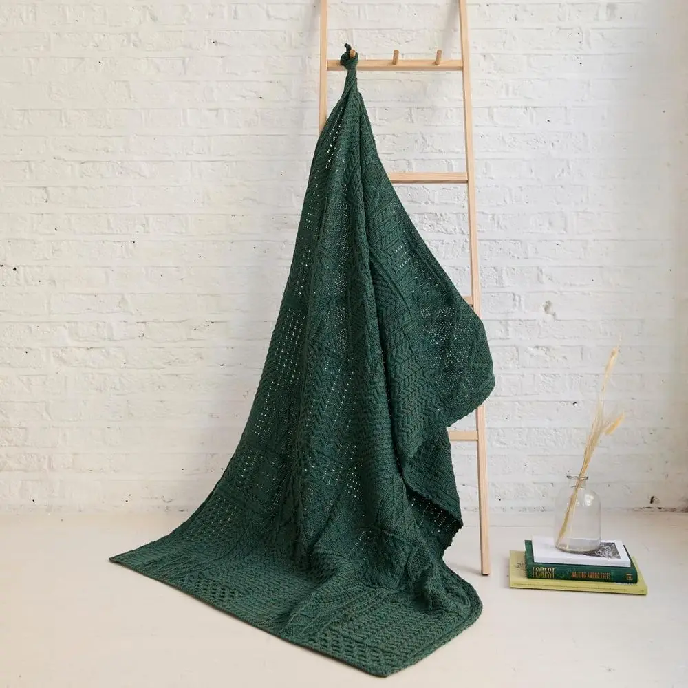 Patchwork Blanket, 100% Merino Wool,Cable Throw Blanket for Couch or Bed, Made in Ireland, Keel, Green, 40