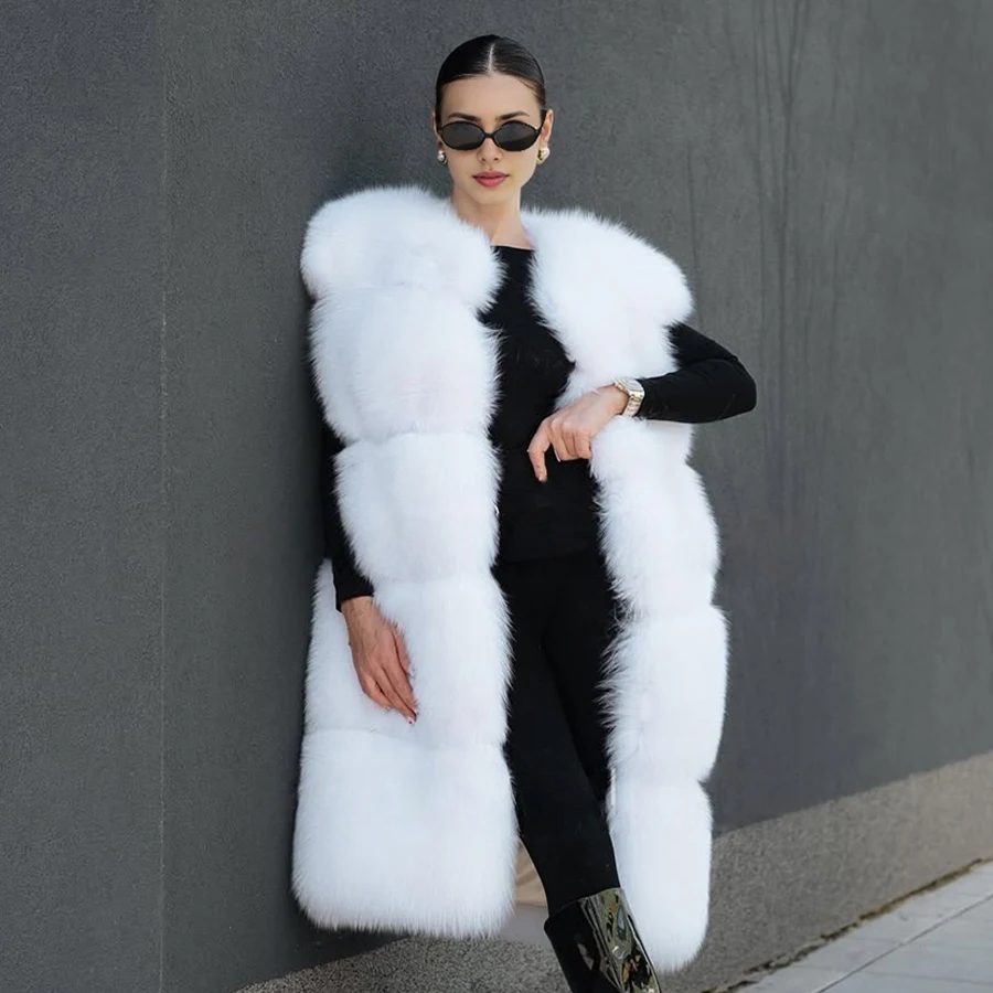 여성용 천연 여우털 조끼, 흰색 여우털 코트, 라운드 칼라 크롭 퍼 재킷, 신상 따뜻한 롱 리얼 퍼 조끼