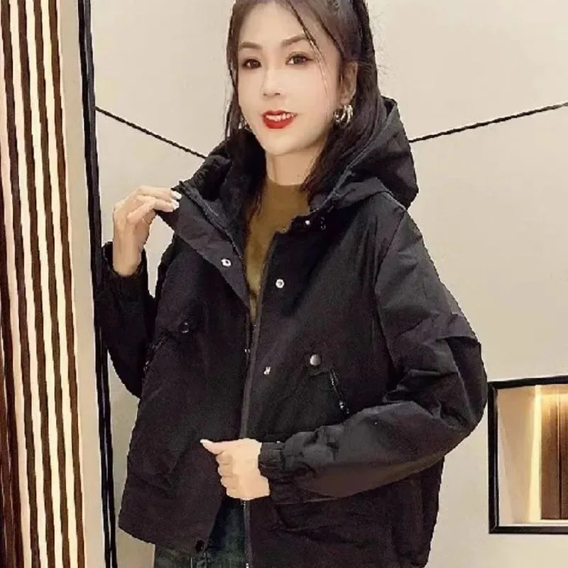 Female Korean Fitting Leisure Time European Style Assault Jackets Women Autumn 2024 New Hooded Zipper Workwear Windbreaker Coat