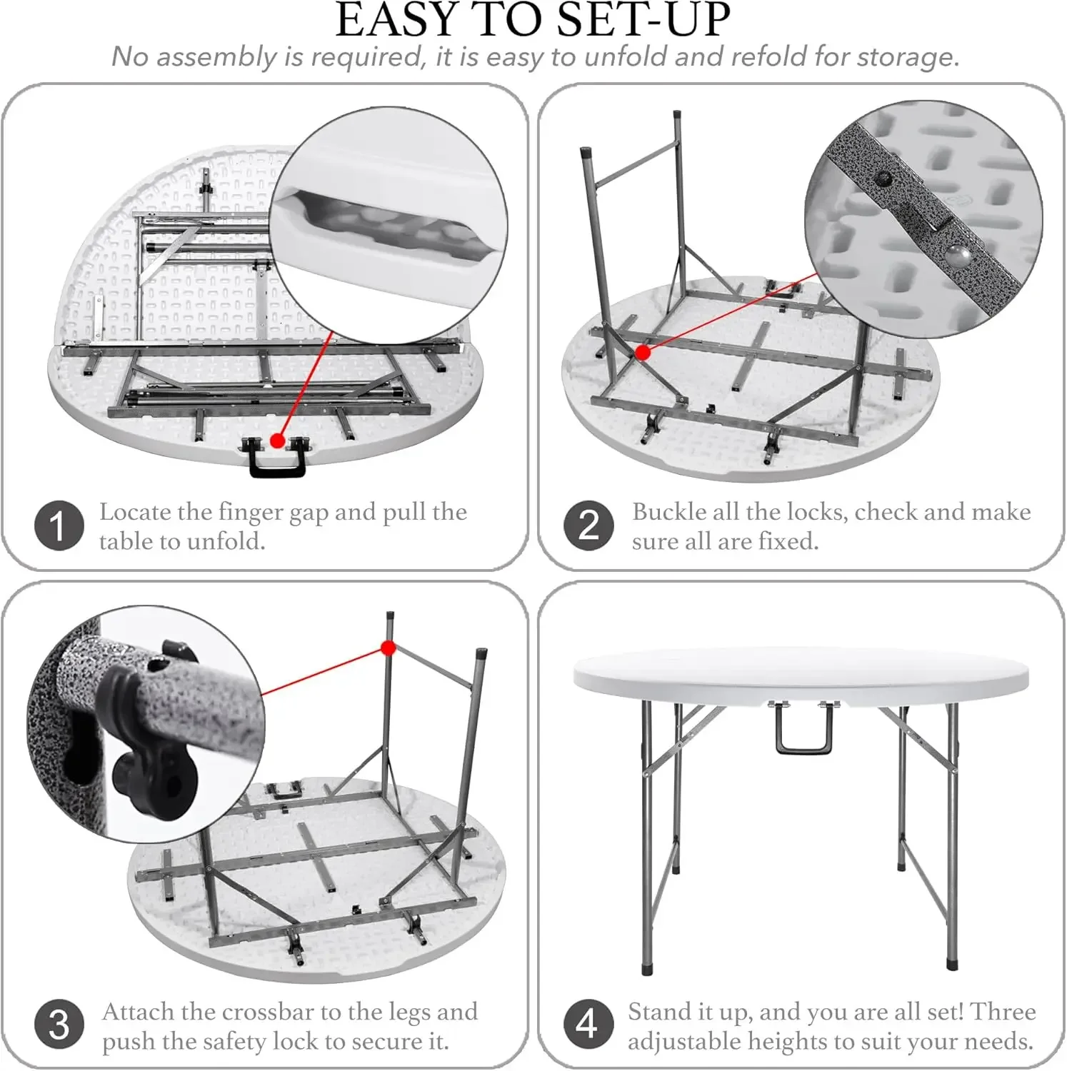 Portable Folding Round Card Table 4 Feet, Heavy Duty Plastic, Half Foldable, with Carry Handle - Ideal for Indoor and Outdoor Us