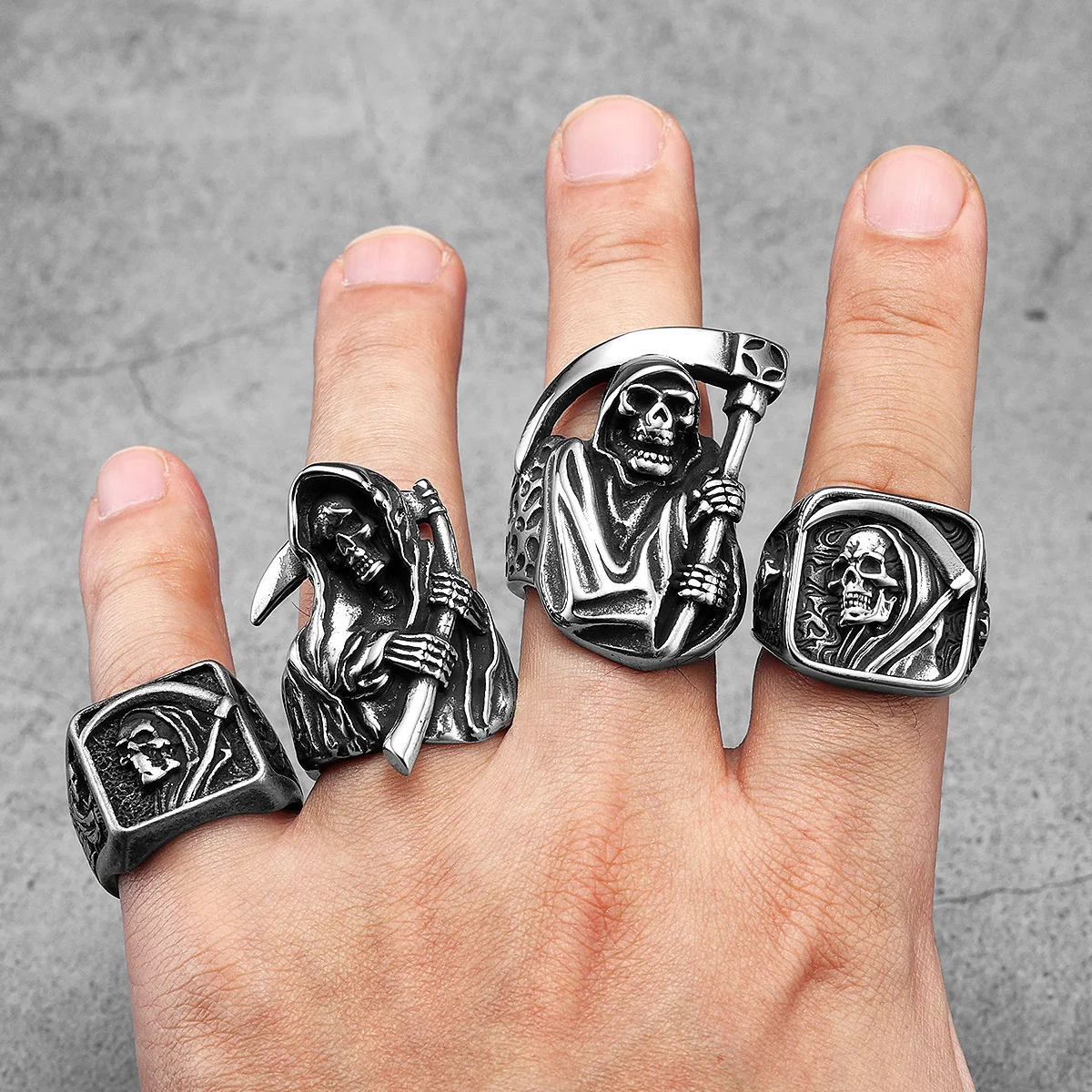 Grim Reaper Sickle Skull Men Rings Stainless Steel Women Jewelry Punk Retro New In Rock Fashion Accessories Gift Wholesale