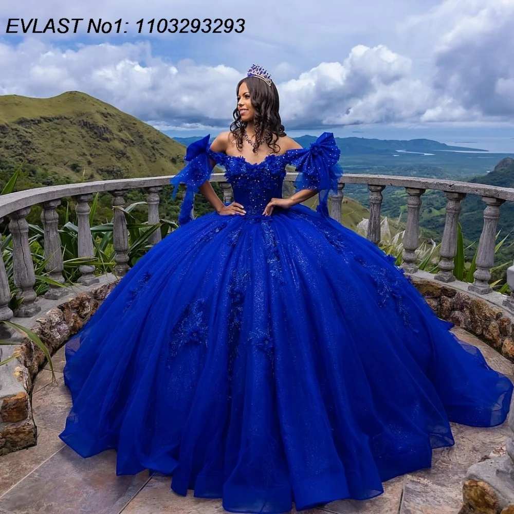 

EVLAST Customized Mexican Royal Blue Quinceanera Dress Ball Gown Lace Applique Beading Tie Sweet 16 Vestidos De 15 Anos E1QN520