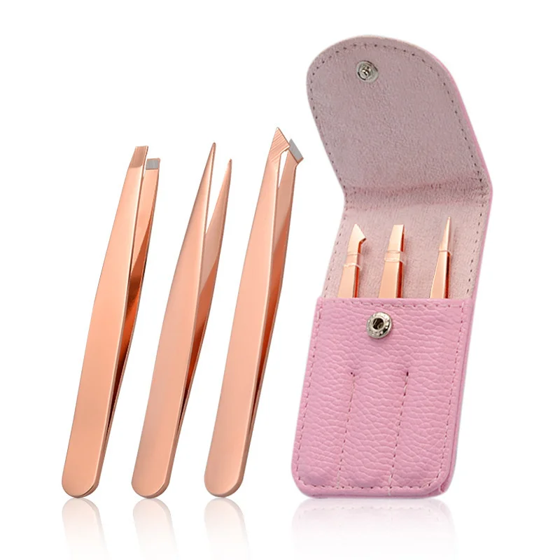 Beauty Tools Three Piece Set Tweezers Big Belly Eyebrow Clip Leather Cover Stainless Steel Rose Gold Eyebrow Clip