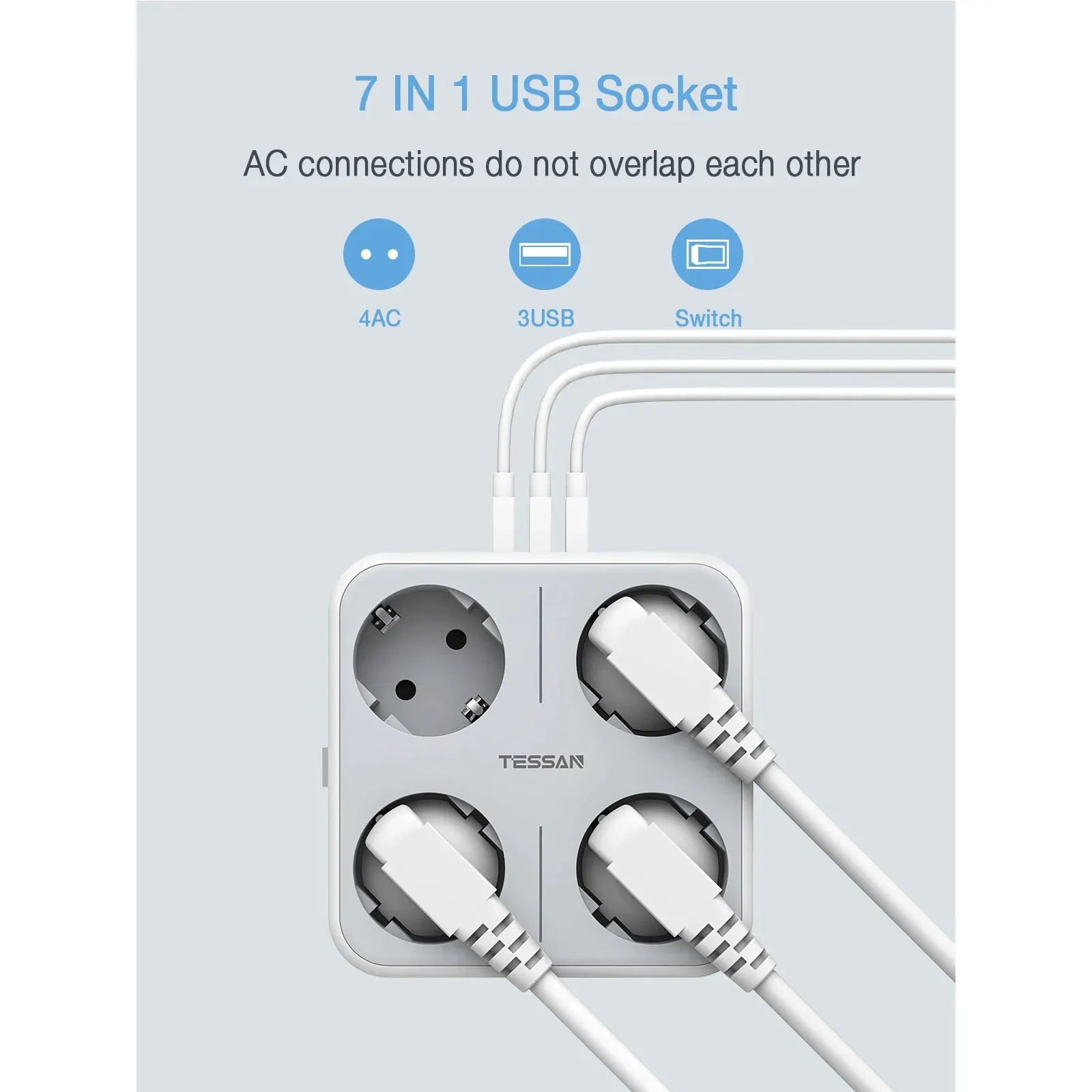 TESSAN USB Wall Socket Extender with 4 AC Outlets +3 USB Ports 5V 2.4A Adapter 7-in-1 Plug Socket On/Off Switch for Home Office