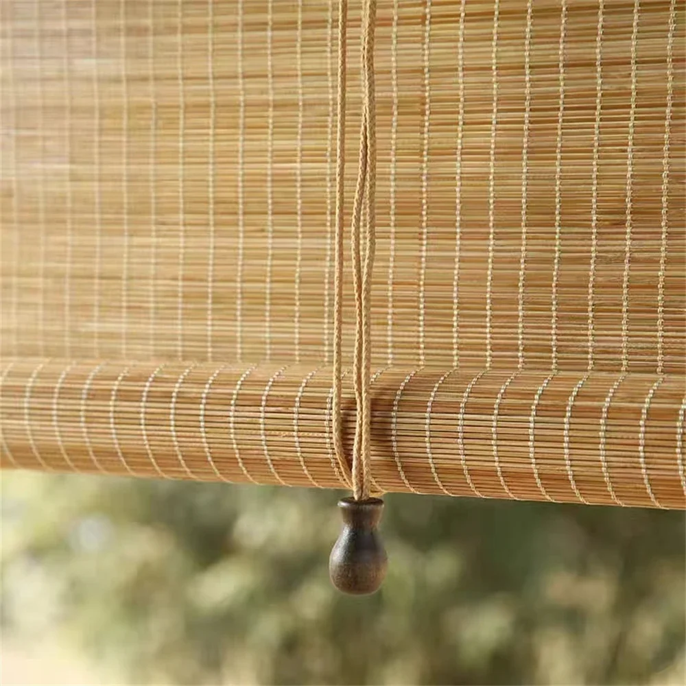 Outdoor  Aqumotic Bamboo Curtains With Lifter Roller Decoration For Balcony/Tea room/Garden Shading Wooden Natural Manual Blinds
