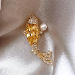 Exquisite Luxury Pearl Goldfish Brooches For Women Girls Trendy Cute Goldfish Brooch Suit Pins Clothing Accessories Gifts