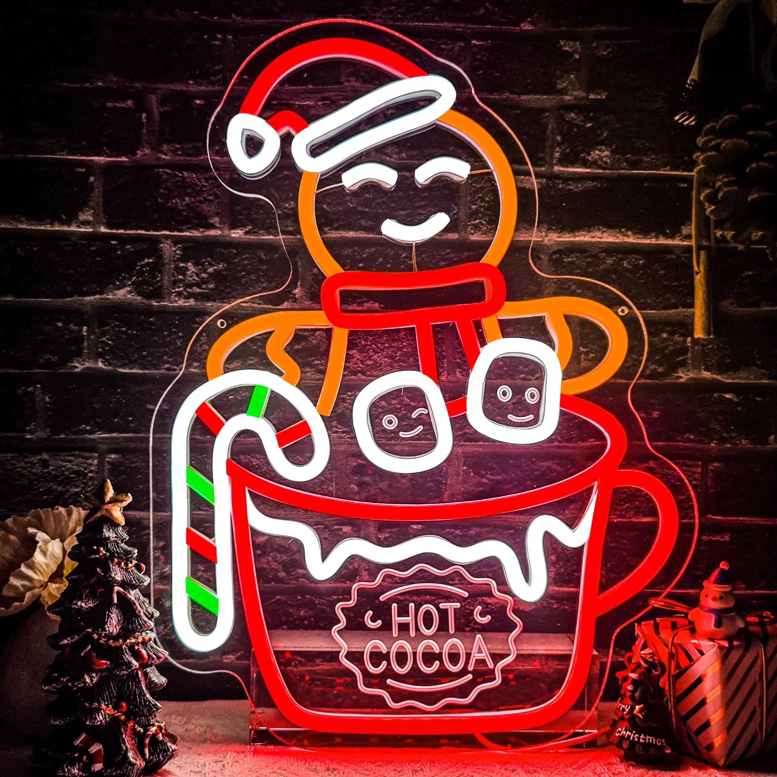 

Gingerbread Man Hot Cocoa Neon Sign for Wall Decor Carving Dimmable Christmas Light Up Sign for Home Party Xmas Windows Decor