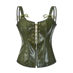 Green Leather Zipper Overbust Vintage Lace Up Corset Vest Women Gothic Clothing Steampunk Bustier Top Sexy Corselet Feminino