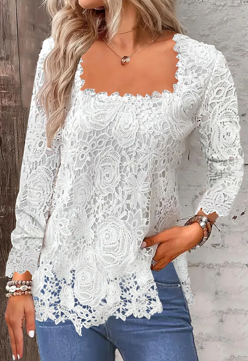 Women's Shirt Lace Square Neck Long Sleeve White Black Bottoming Shirt Office Top for female S-5XL MYH-SY010