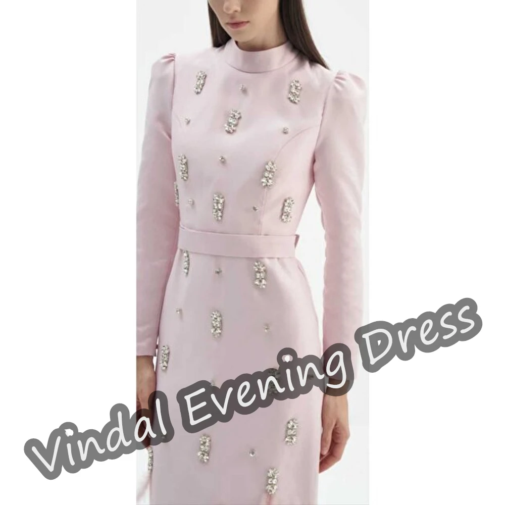 Vindal Evening Dress Tea Length Scoop Neckline Mermaid Elegant  Built-in Bra Crepe Saudi Arabia Long Sleeves For Woman 2024