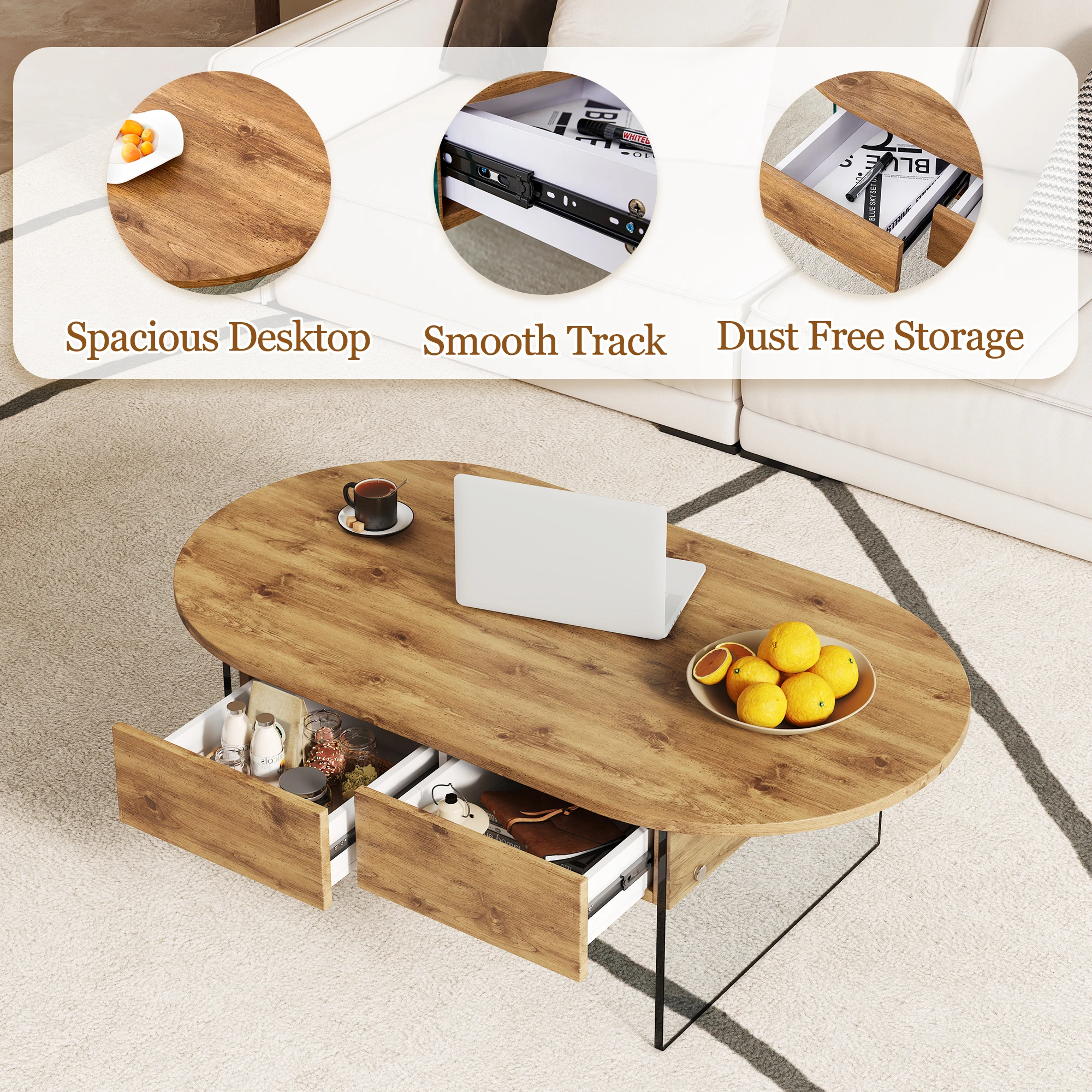 

43.3"x23.6" Oval Coffee Table with 2 Drawers - MDF Top & Tempered Glass Sides, Multifunctional