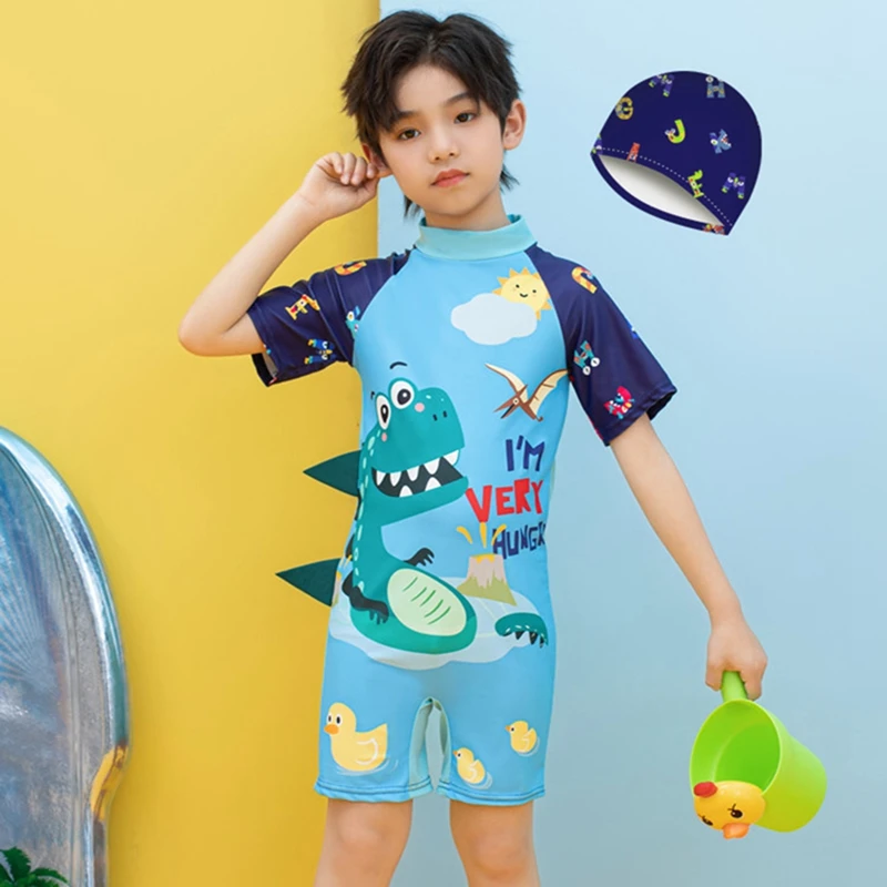 Summer Baby Boy One Piece Swimsuit Hat 2 Pcs Sets Children Swimwear Cartoon Dinosaur Shark Unicorn Suit Kid Girl Sport Beachwear