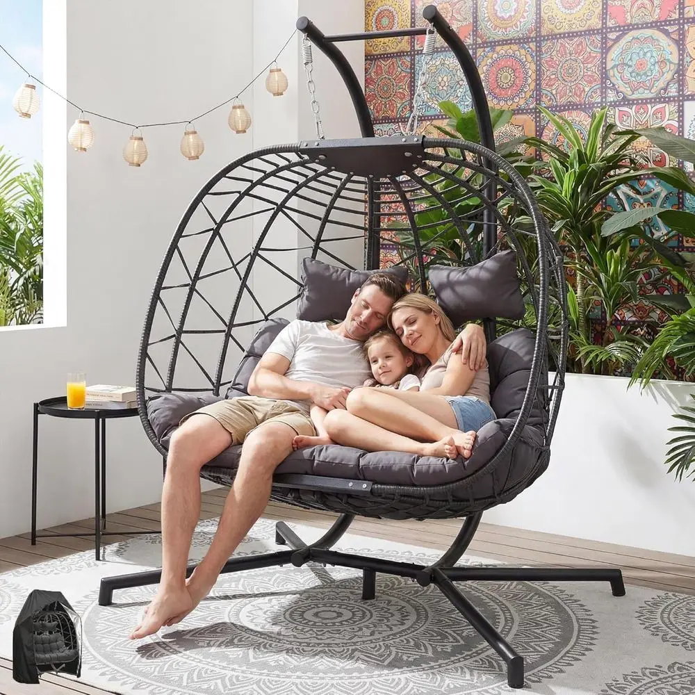 

Extra Large Double Hanging Egg Swing Chair with Removable Cover, 2 Person Patio Loveseat, Comfortable Wicker Cushioned Seat for
