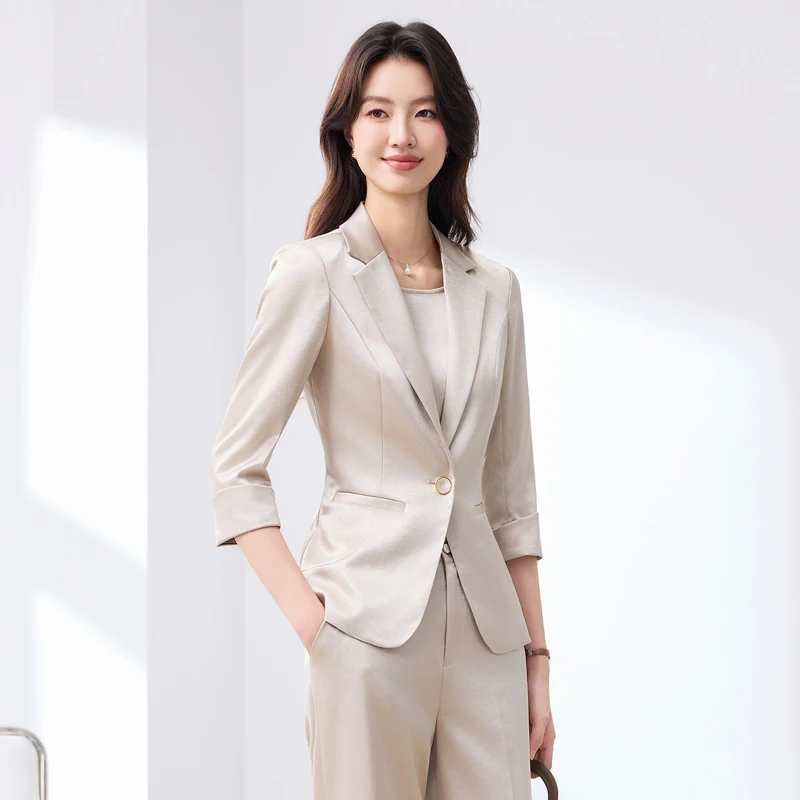 High-End Apricot-Colored Women's Suit Set with Pants Mid-Length Sleeves Single Button Elegant Satin Fabric Summer 2026 Model